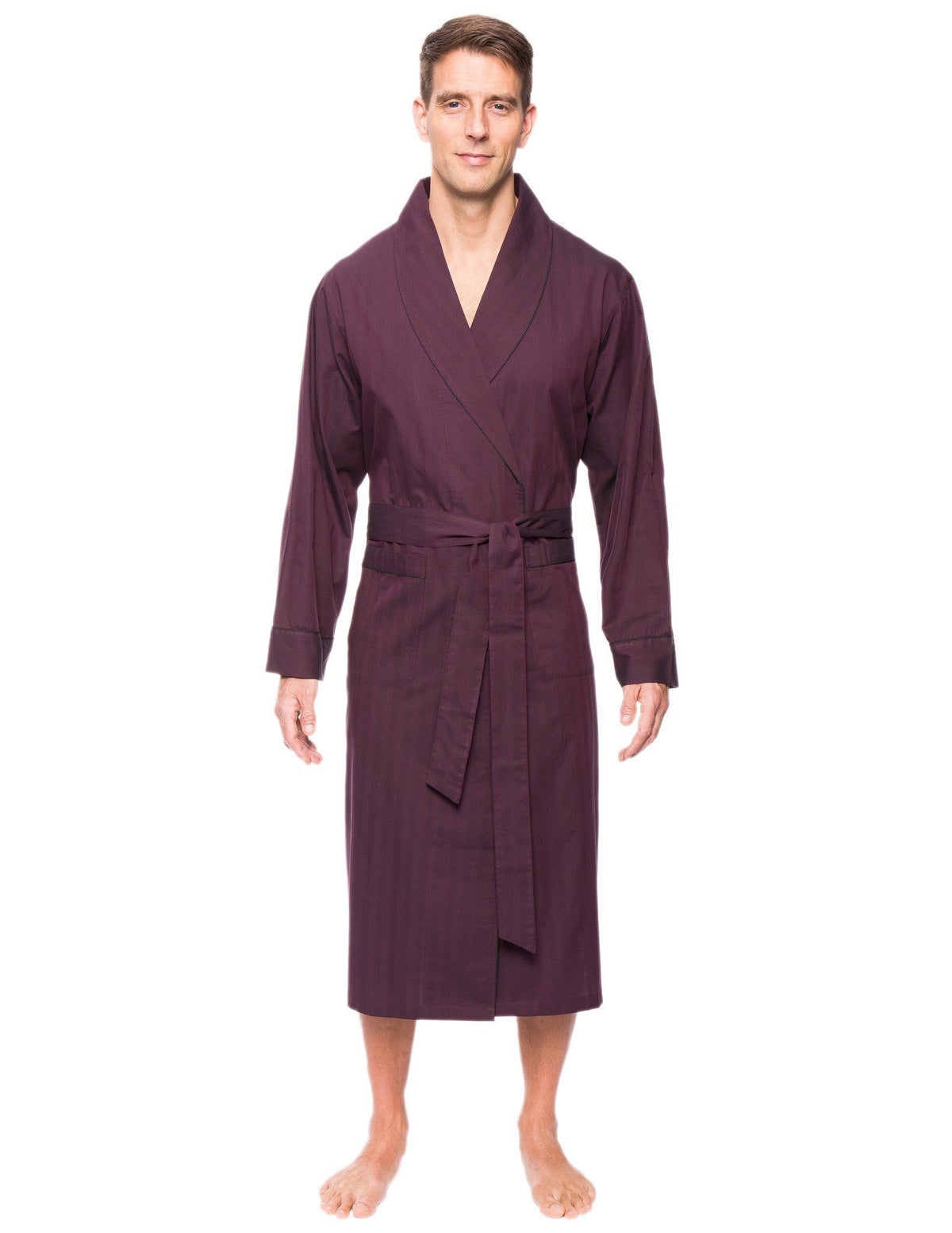 Mens Premium 100% Cotton Robe - Herringbone Fig/Black