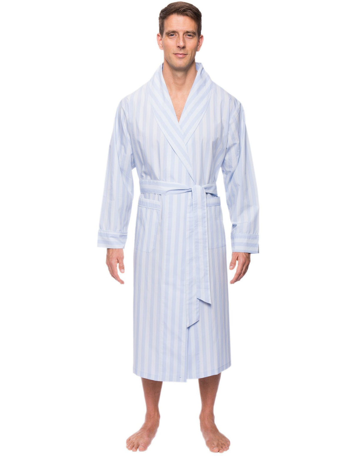Mens Premium 100% Cotton Robe - Stripes Chambray Blue