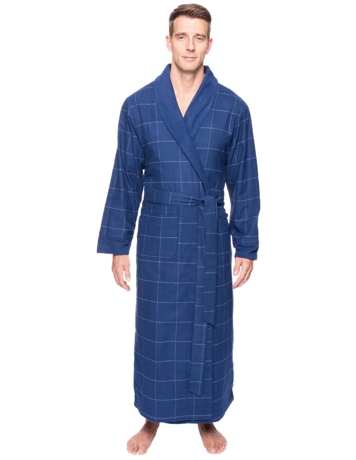 Men's Premium 100% Cotton Flannel Fleece Lined Robe - Windowpane Checks Dark Blue