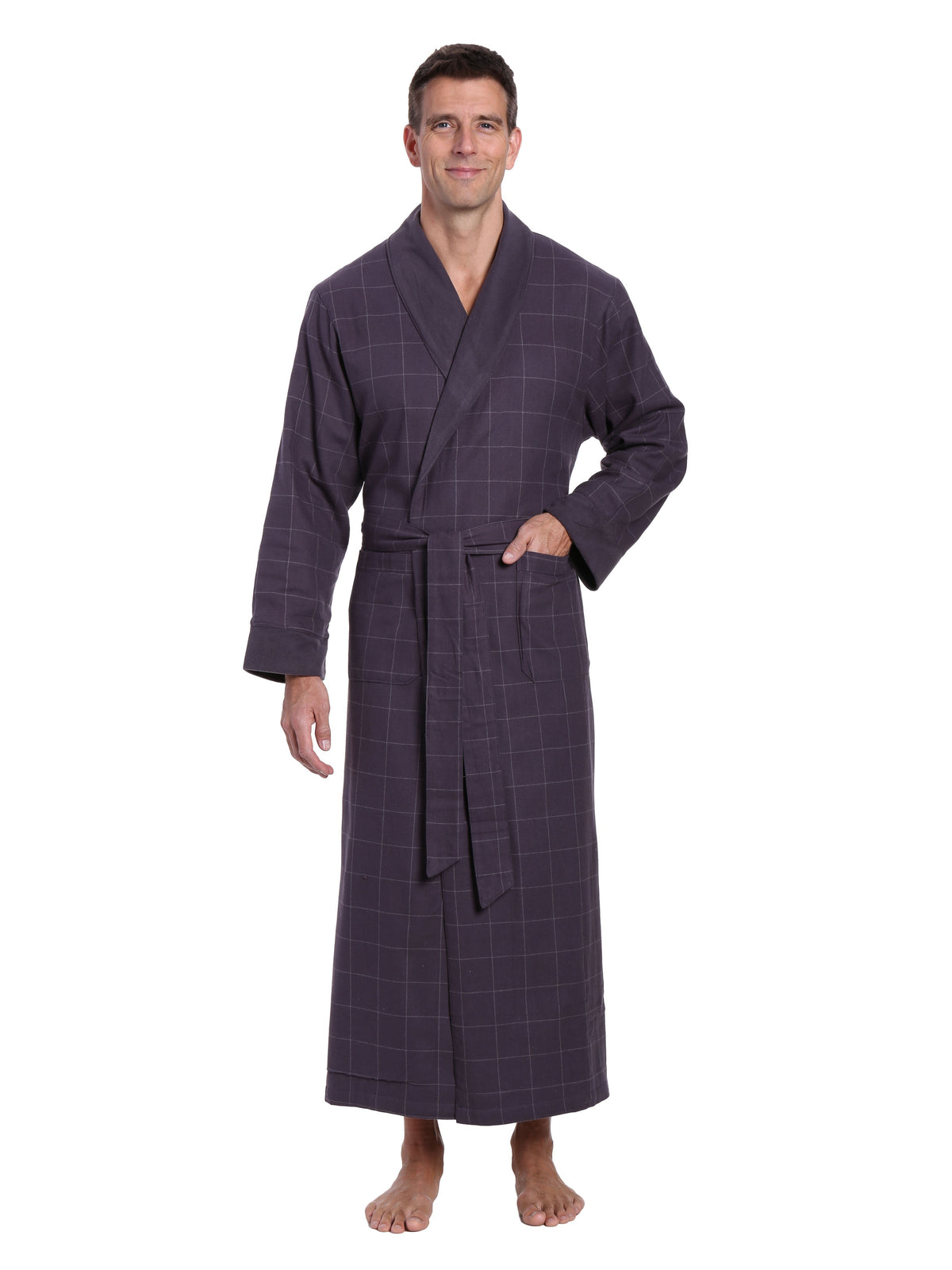 Men's Premium 100% Cotton Flannel Fleece Lined Robe - Windowpane Checks - Iron