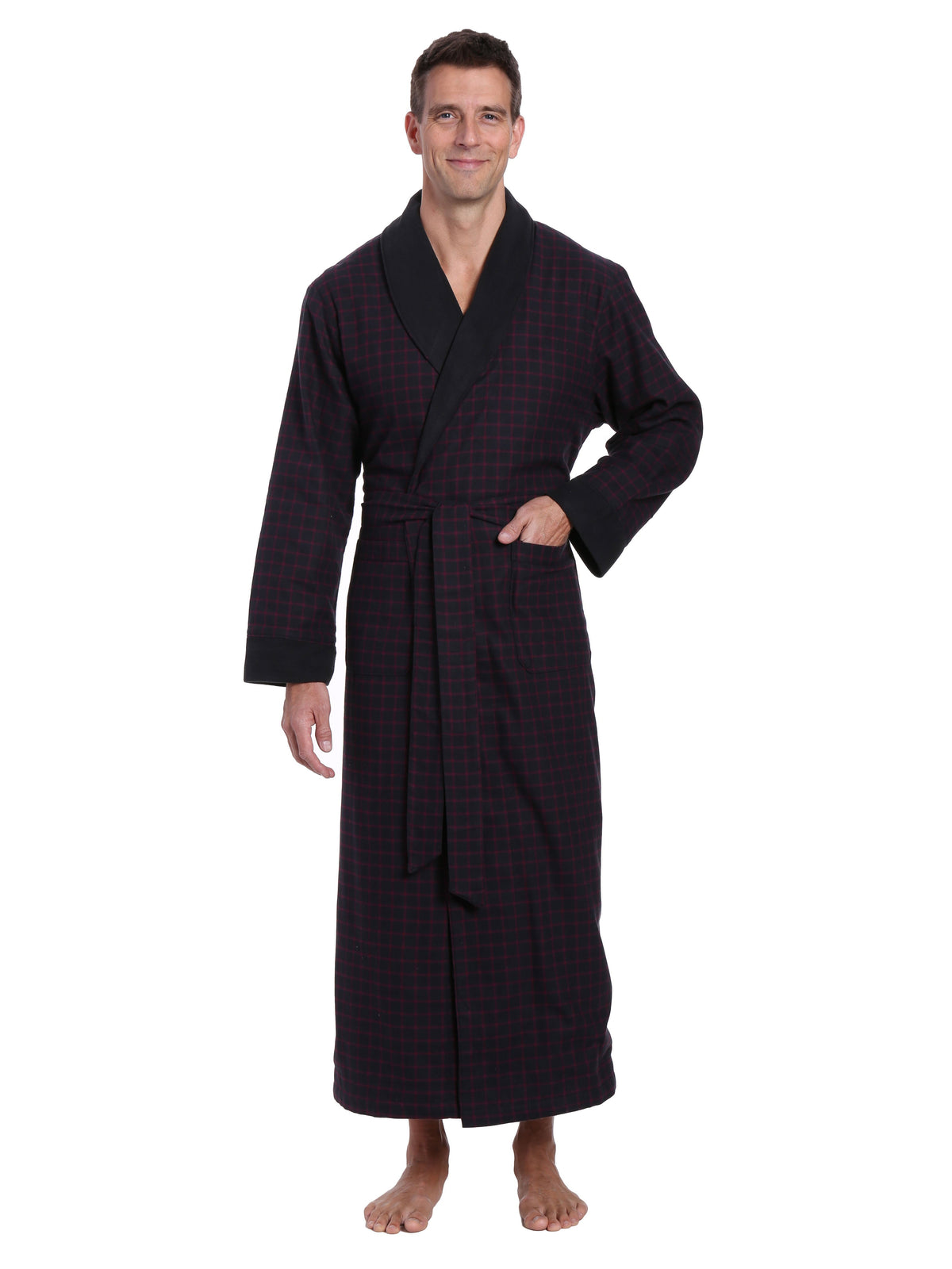 Men's Premium 100% Cotton Flannel Fleece Lined Robe - Checks - Black-Fig