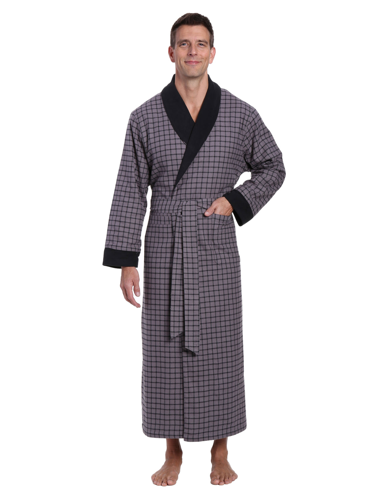 Men's Premium 100% Cotton Flannel Fleece Lined Robe - Checks Charcoal-Black