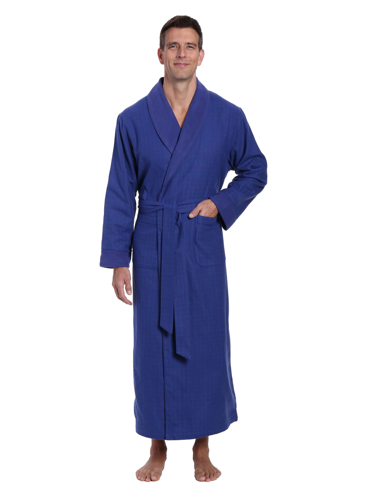 Men's Premium 100% Cotton Flannel Fleece Lined Robe - Windowpane Checks - Navy Blue