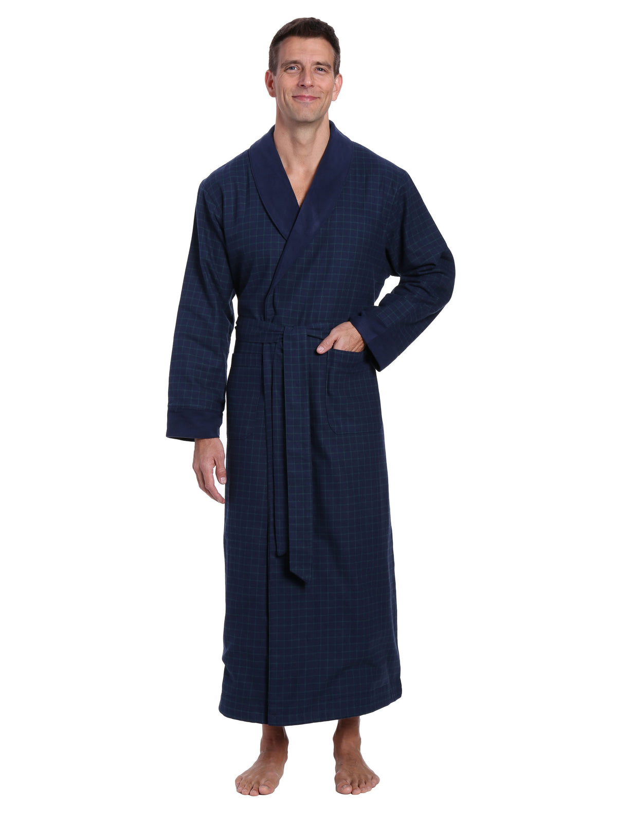 Men's Premium 100% Cotton Flannel Fleece Lined Robe - Windowpane Checks - Navy Green