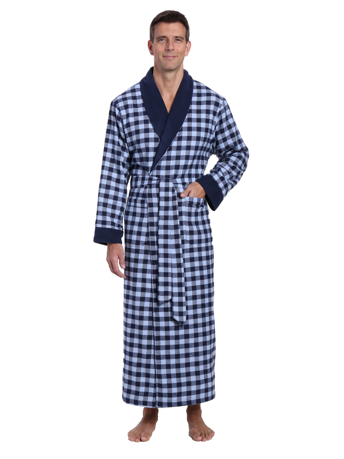 Men's Premium 100% Cotton Flannel Fleece Lined Robe - Gingham Checks - Navy Blue