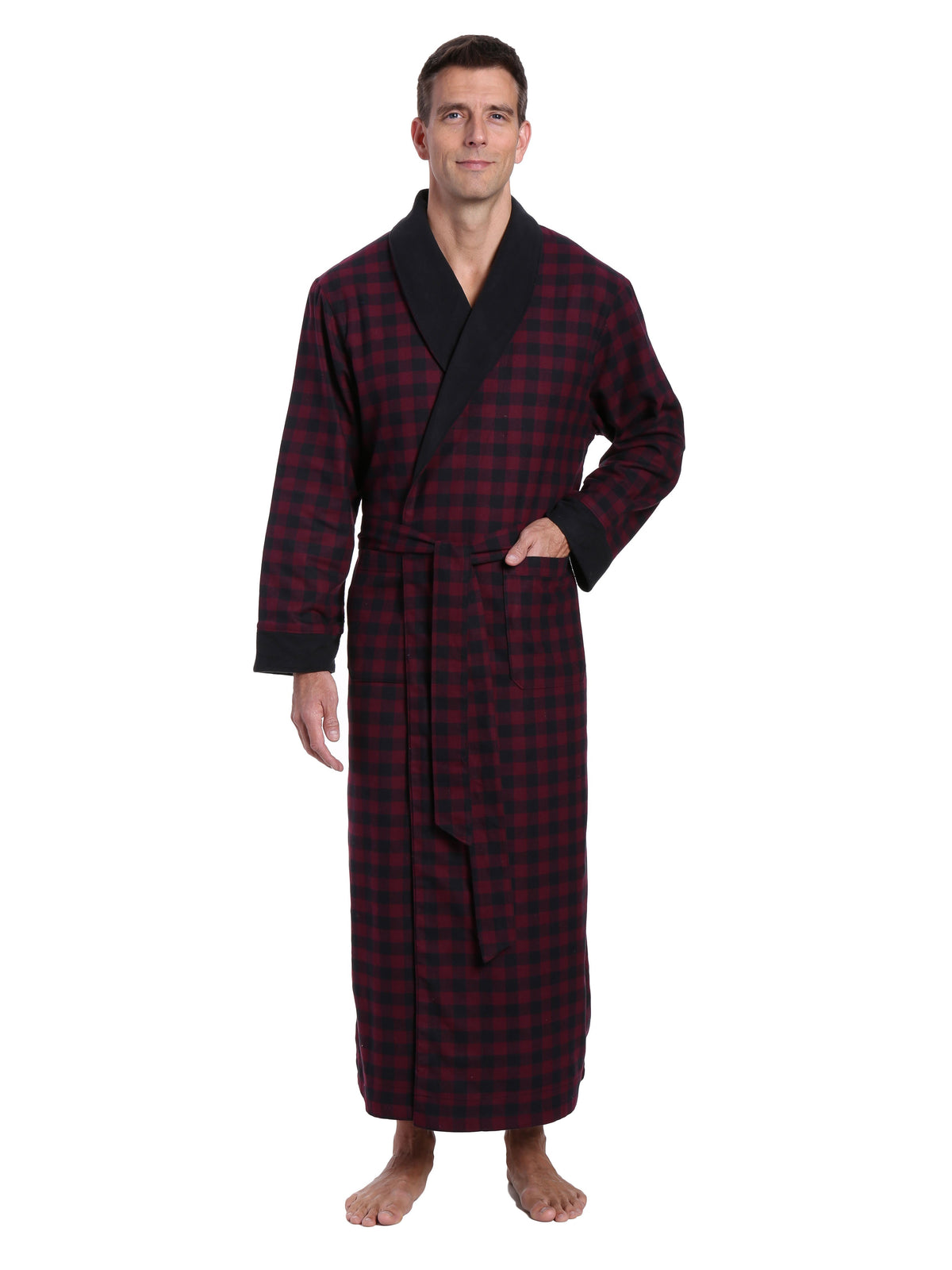 Men's Premium 100% Cotton Flannel Fleece Lined Robe - Gingham Checks - Fig Black