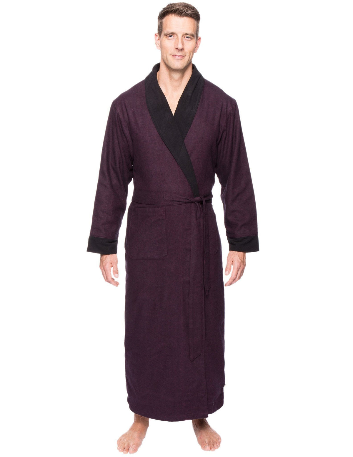 Men's Premium 100% Cotton Flannel Fleece Lined Robe - Herringbone Fig/Black