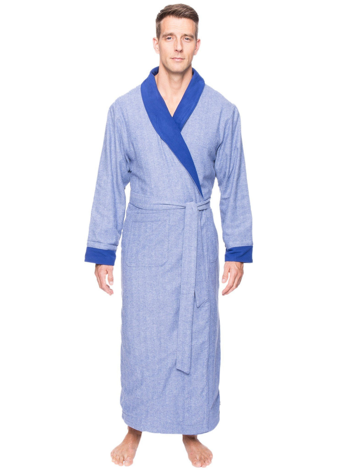 Men's Premium 100% Cotton Flannel Fleece Lined Robe - Herringbone Blue