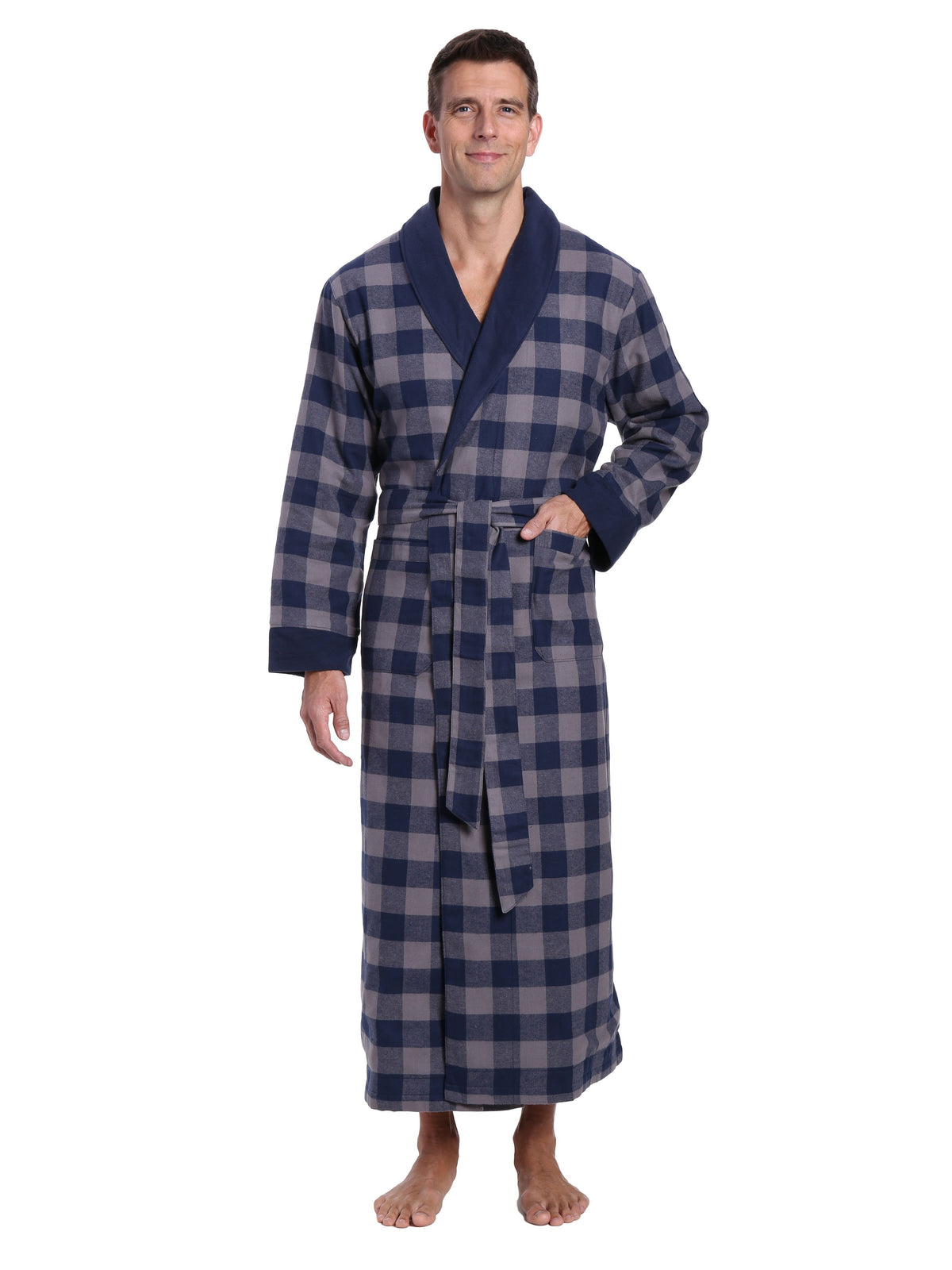 Men's Premium 100% Cotton Flannel Fleece Lined Robe - Gingham Checks - Charcoal-Navy