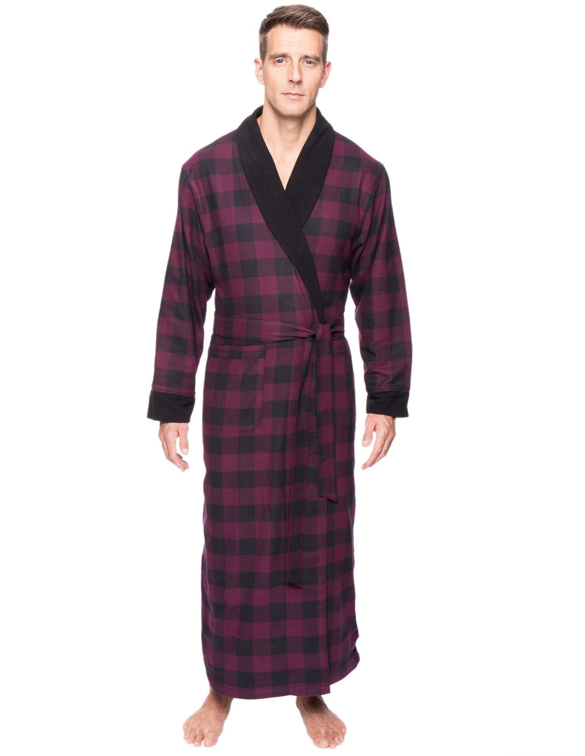 Men's Premium 100% Cotton Flannel Fleece Lined Robe - Gingham Fig/Black