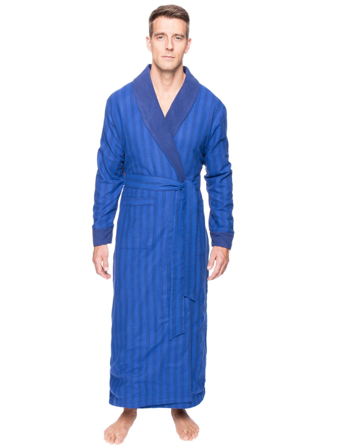 Men's Premium 100% Cotton Flannel Fleece Lined Robe - Stripes Tonal Blue