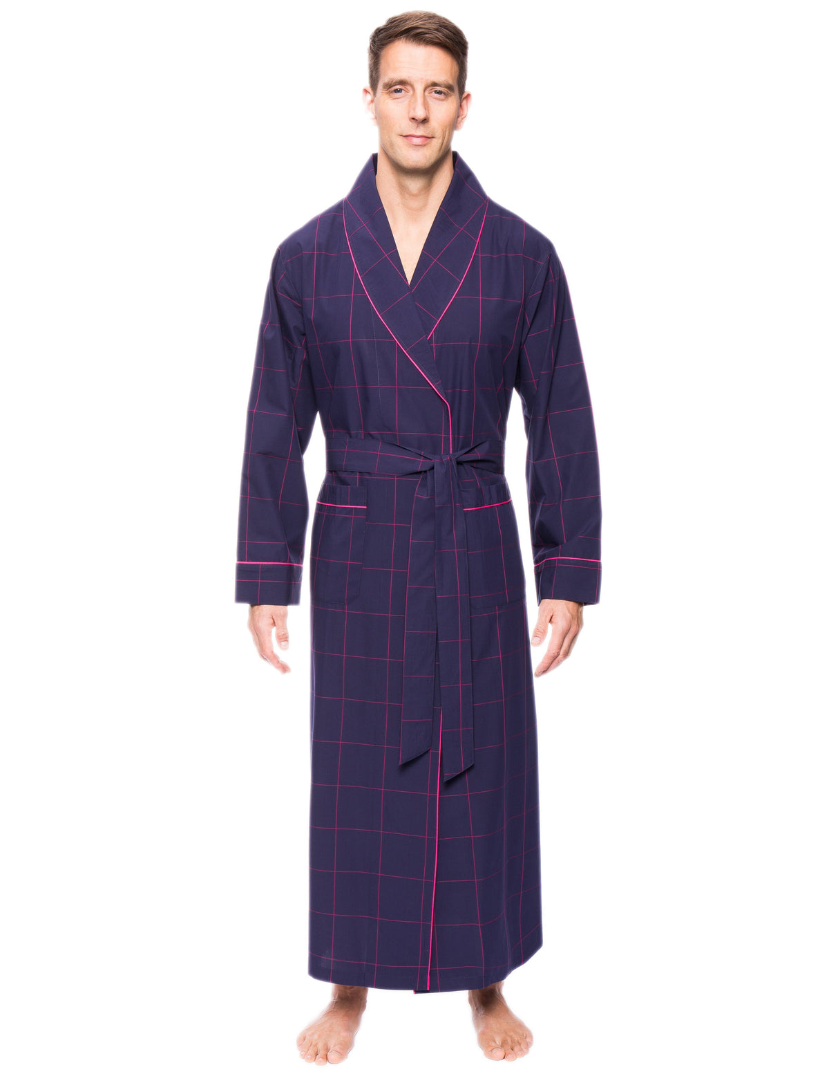 Mens Premium 100% Cotton Full-Length Robe - Windowpane Checks Blue/Red