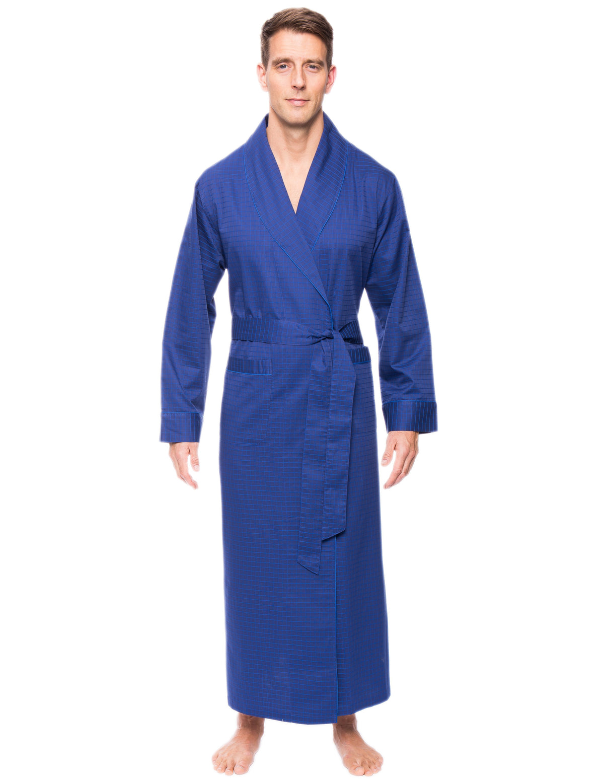 Mens Premium 100% Cotton Full-Length Robe - Windowpane Checks Navy/Blue