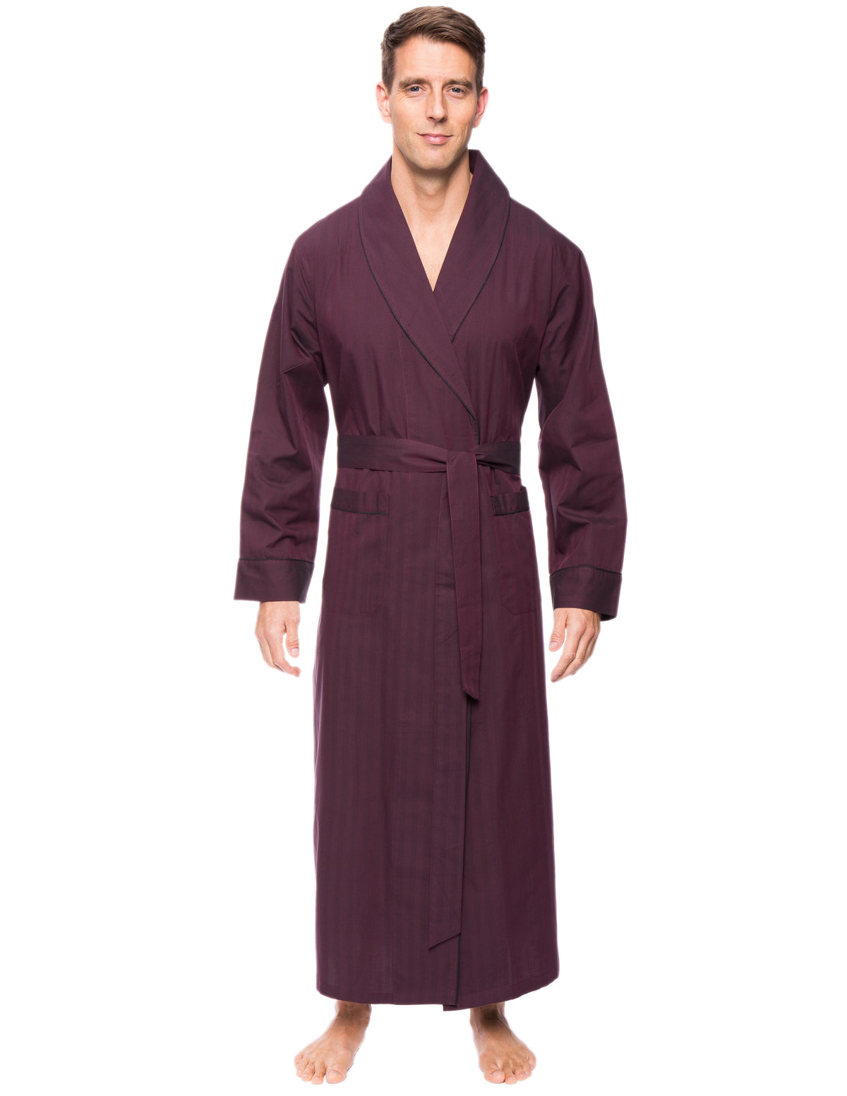 Mens Premium 100% Cotton Full-Length Robe - Herringbone Fig/Black