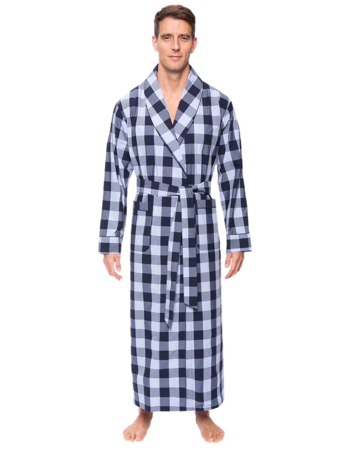Mens Premium 100% Cotton Full-Length Robe - Gingham Blue