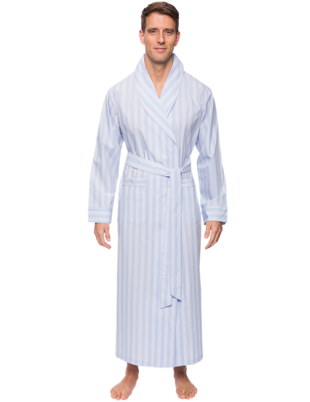 Mens Premium 100% Cotton Full-Length Robe - Stripes Chambray Blue
