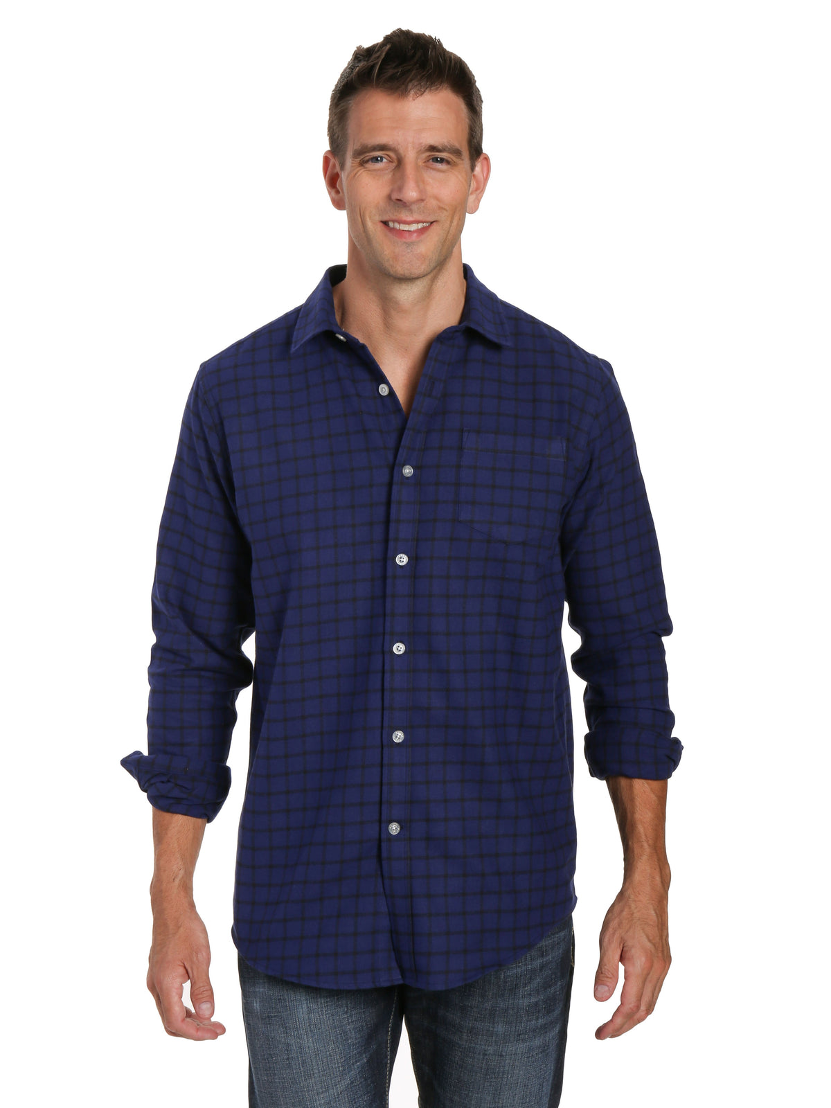 Mens 100% Cotton Flannel Shirt - Regular Fit - Checks - Blue-Black