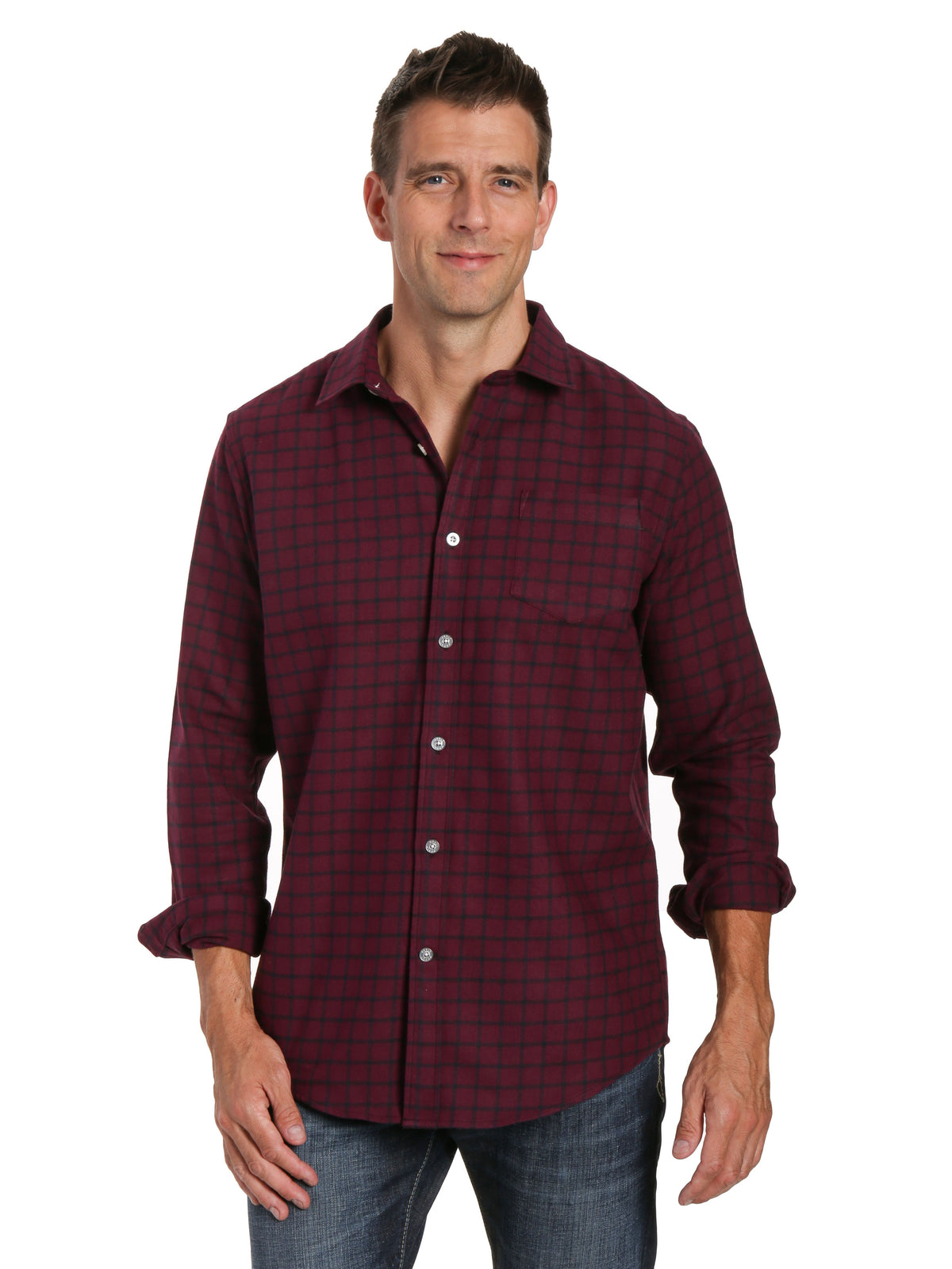Mens 100% Cotton Flannel Shirt - Regular Fit - Checks - Fig-Black