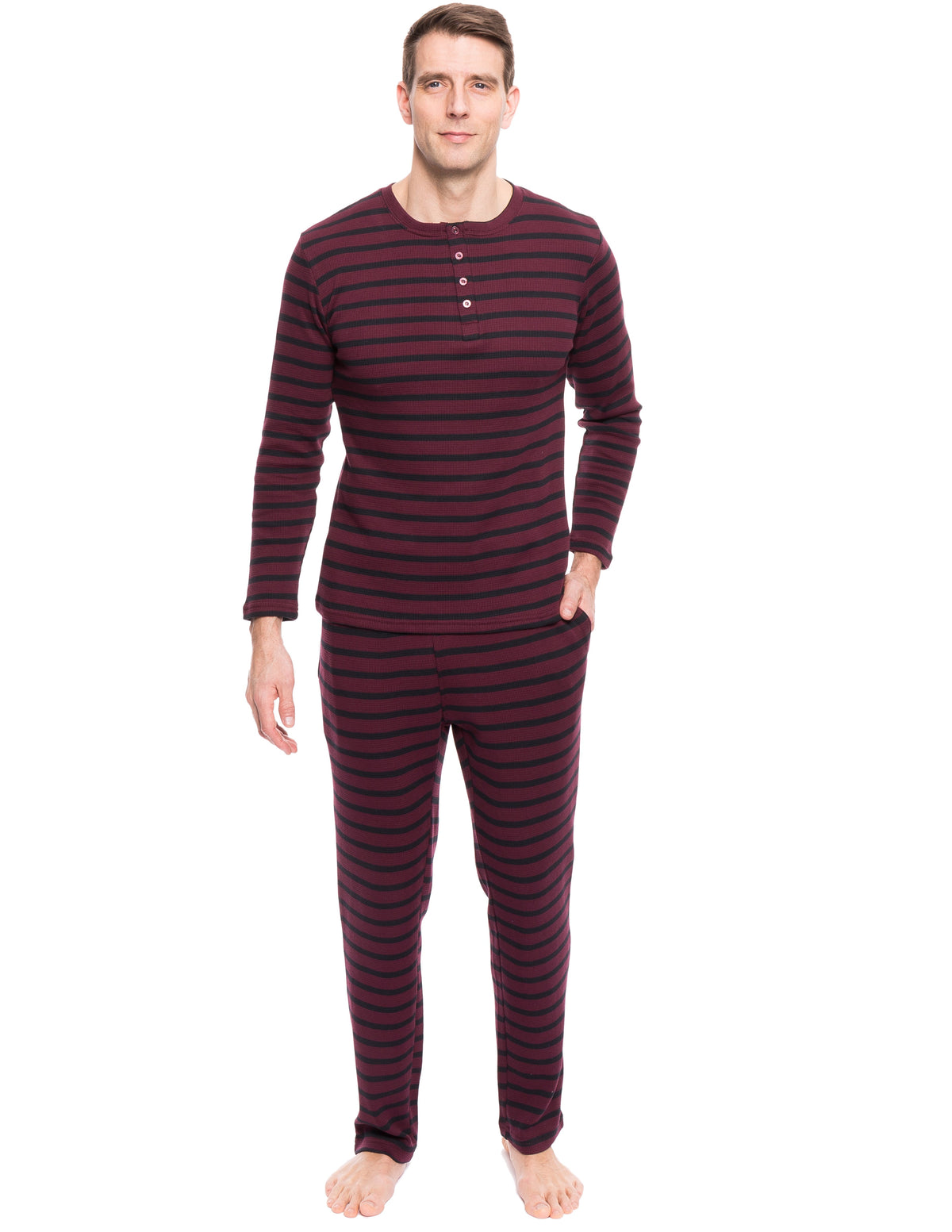 Men's Waffle Knit Thermal Henley Lounge Set with Tapered Pants - Stripes Fig/Black