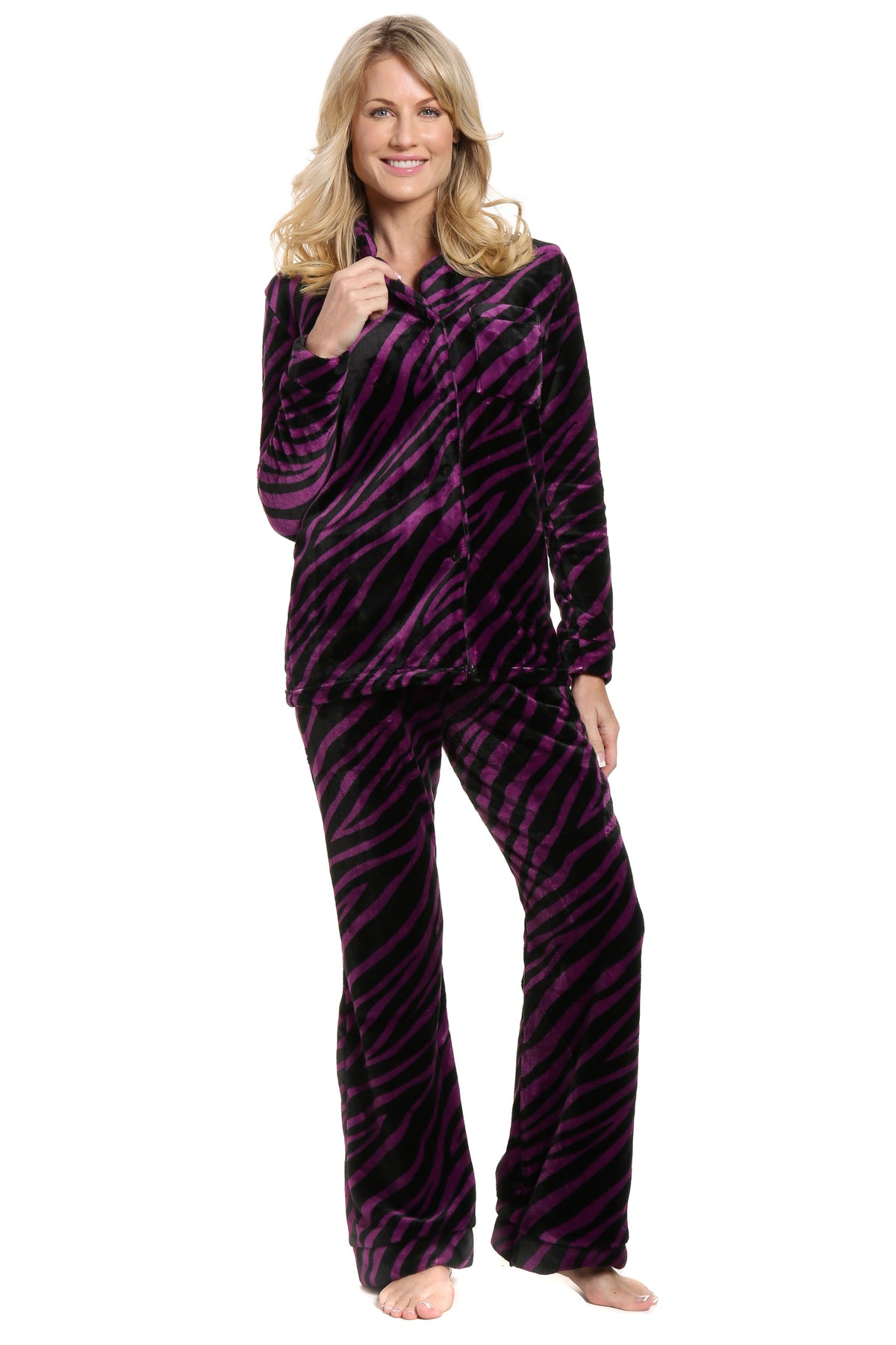 Womens Lush Butterfleece Pajama Set - Zebra - Purple/Black