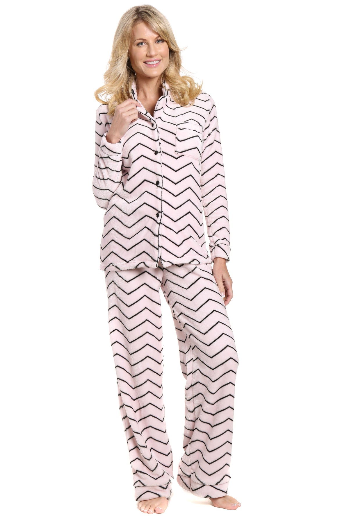 Womens Lush Butterfleece Pajama Set - Chevron - Pink/Black