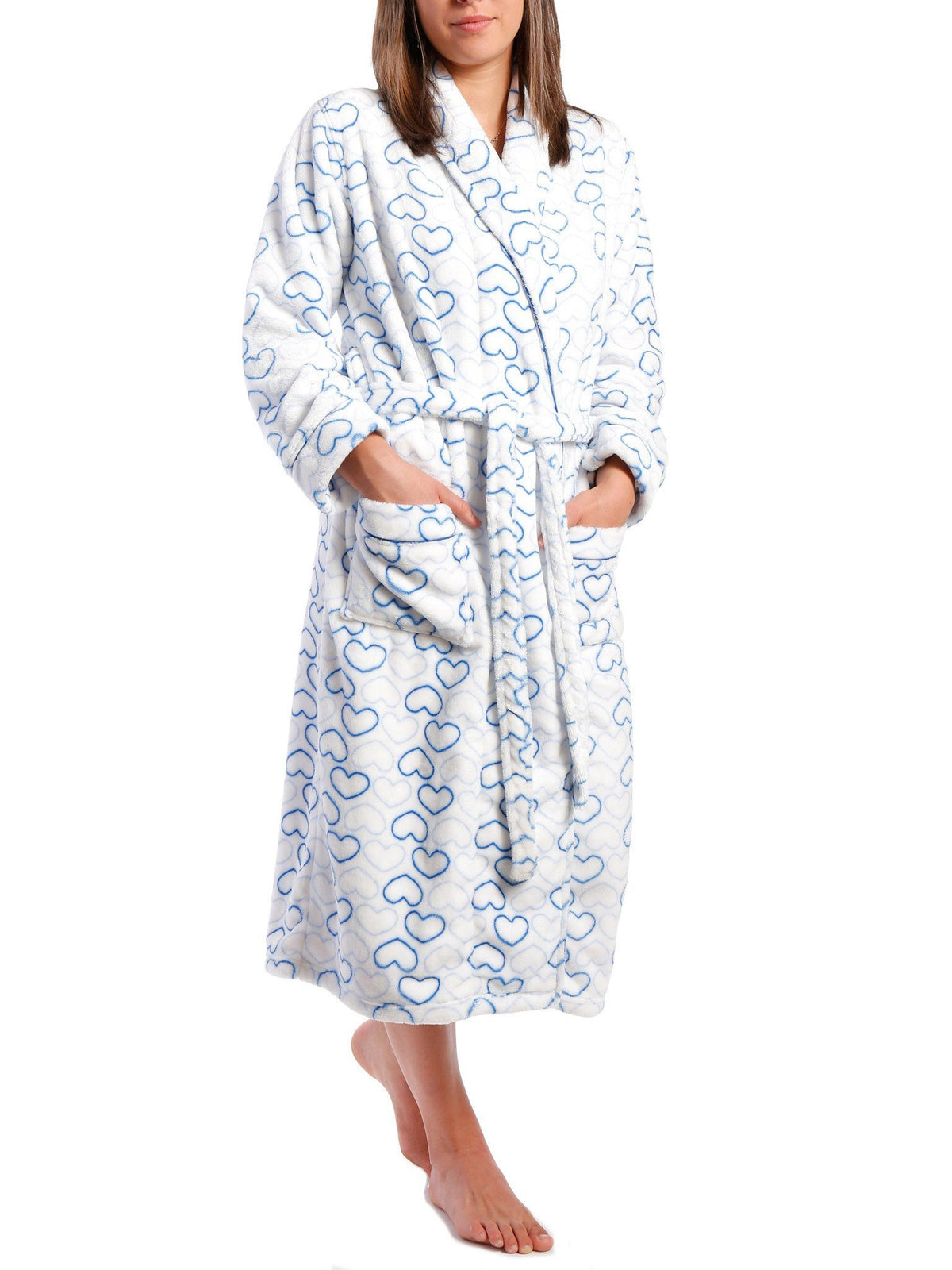 Women's Lush Butterfleece Spa/Bath Robe - Tile of Hearts - White/Blue