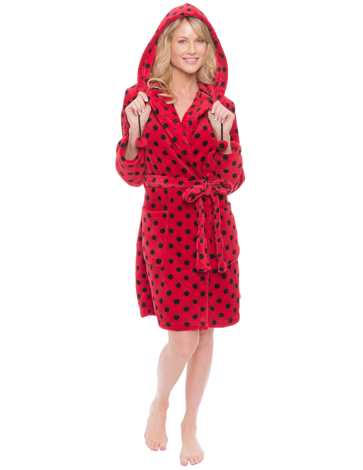 Women's Premium Coral Fleece Plush Spa/Bath Short Hooded Robe - Polka Dots - Red/Black