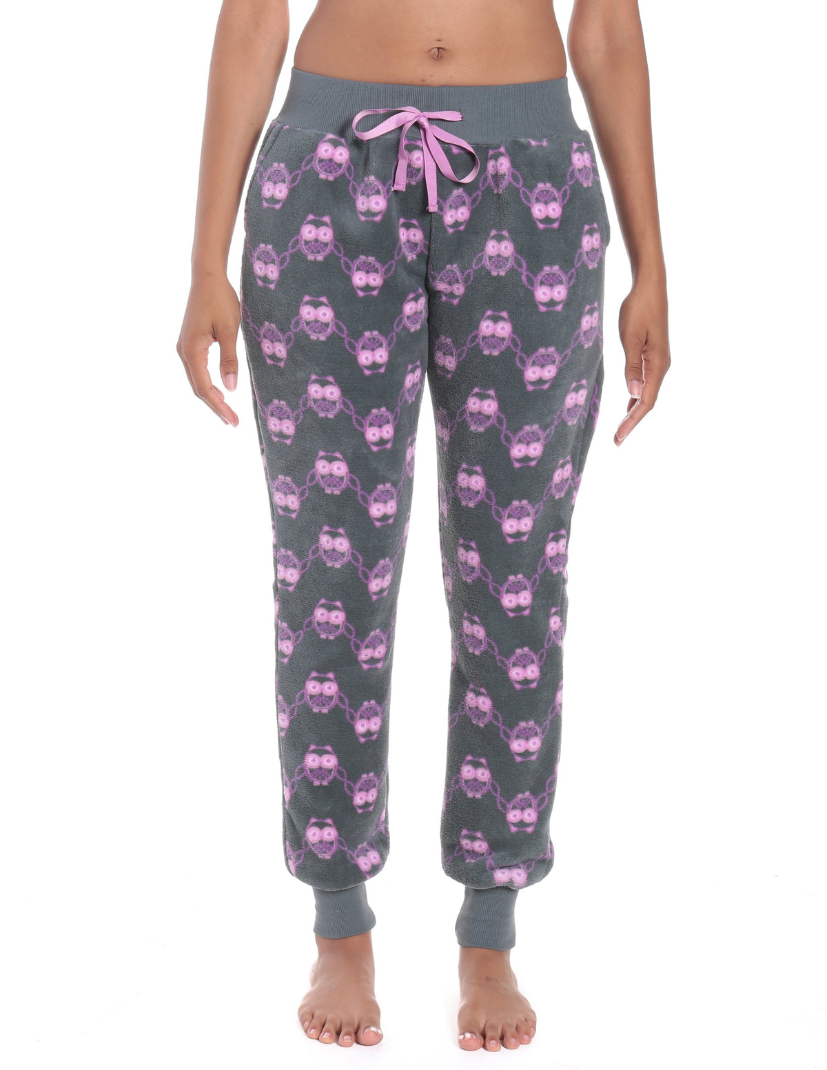 Women's Premium Coral Fleece Plush Jogger Lounge Pants - Owls - Grey/Purple