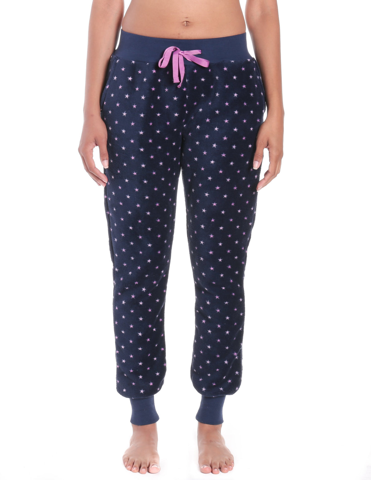 Women's Premium Coral Fleece Plush Jogger Lounge Pants - Stars - Navy/Pink