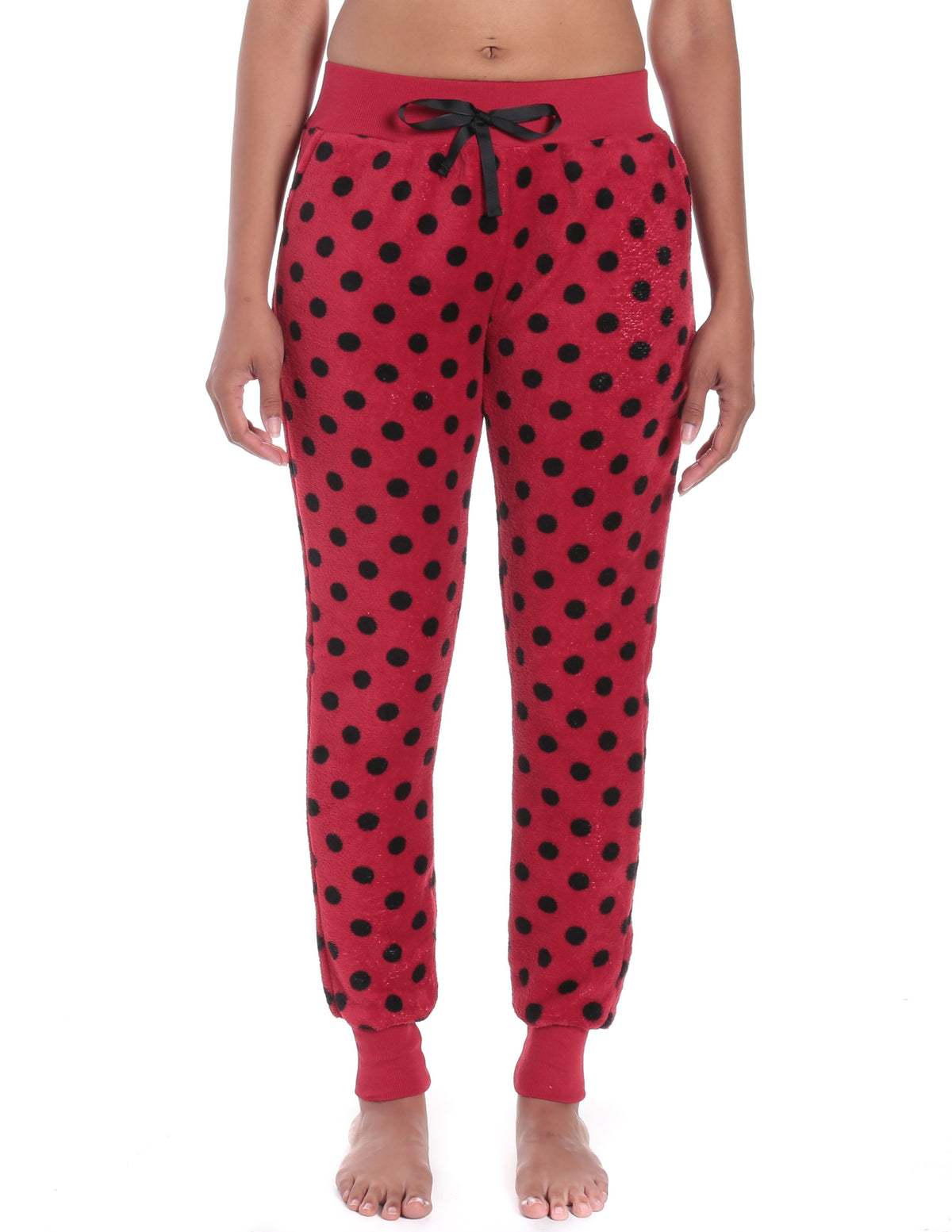 Women's Premium Coral Fleece Plush Jogger Lounge Pants - Polka Dots - Red/Black
