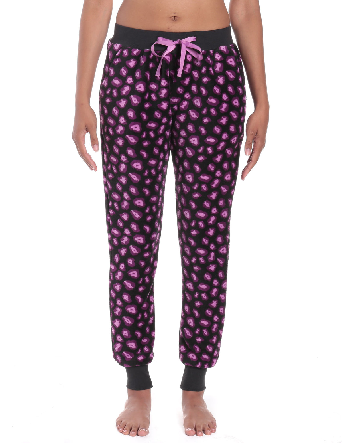 Women's Premium Coral Fleece Plush Jogger Lounge Pants - Jaguar - Black/Purple