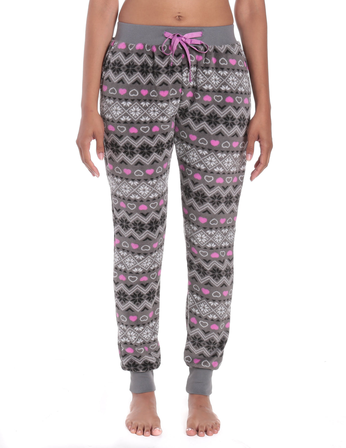 Women's Premium Coral Fleece Plush Jogger Lounge Pants - Nordic - Charcoal/Pink