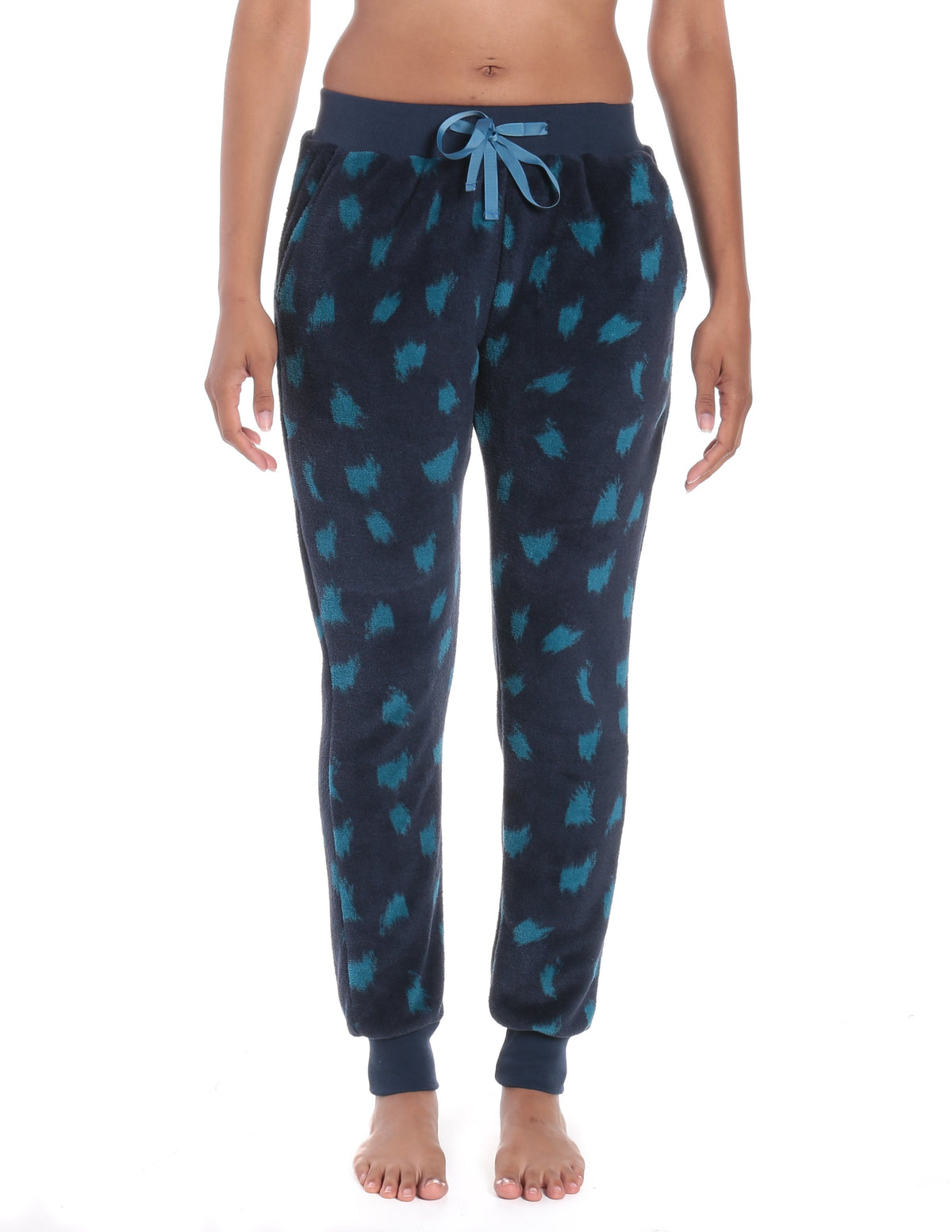 Women's Premium Coral Fleece Plush Jogger Lounge Pants - Snow Leopard - Navy/Teal