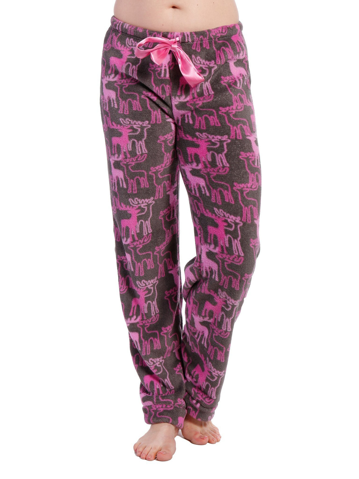Women's Coral Fleece Plush Lounge Pants - Moose - Charcoal/Pink