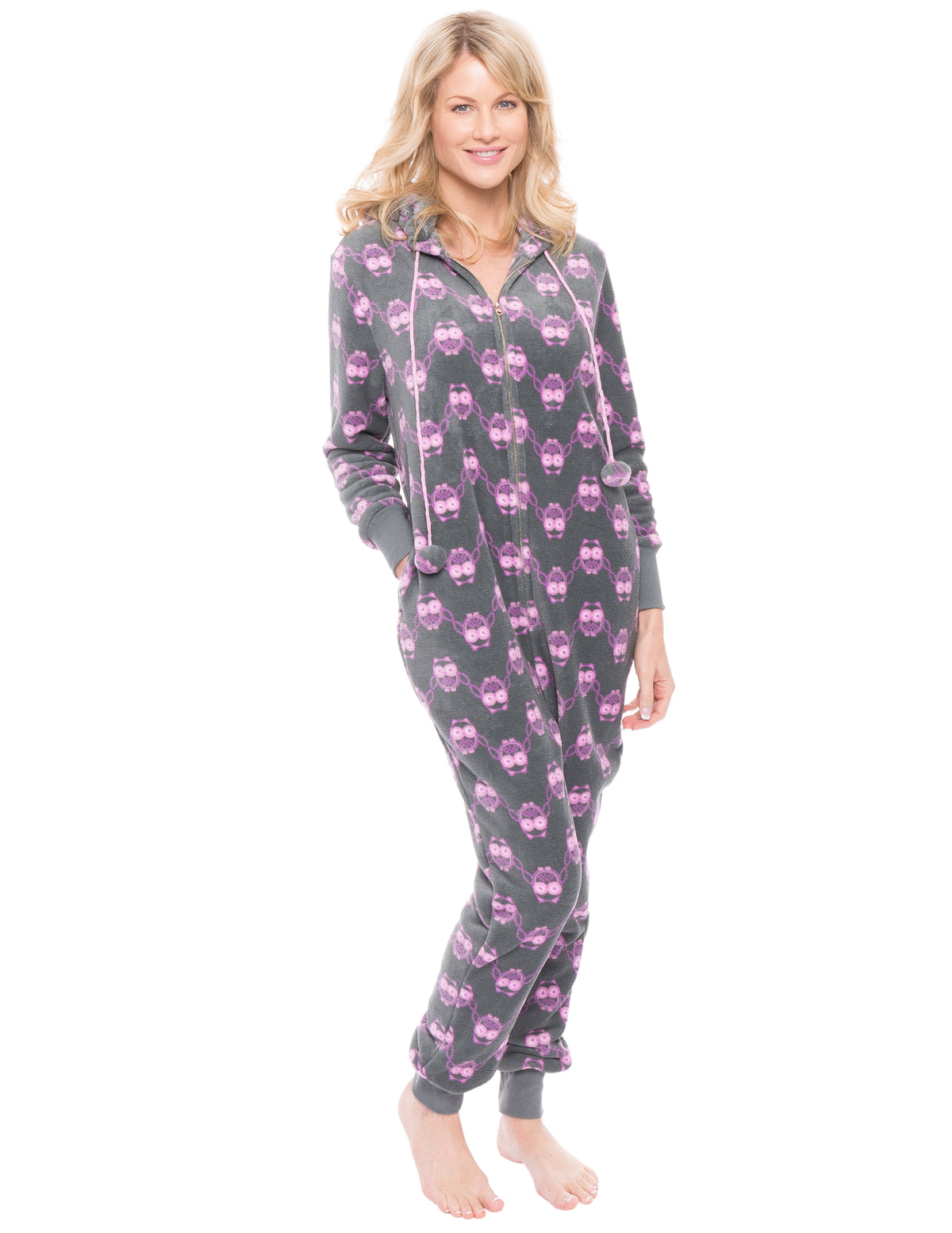 Women's Premium Coral Fleece Plush Hooded Onesie Pajama - Owls - Grey/Purple