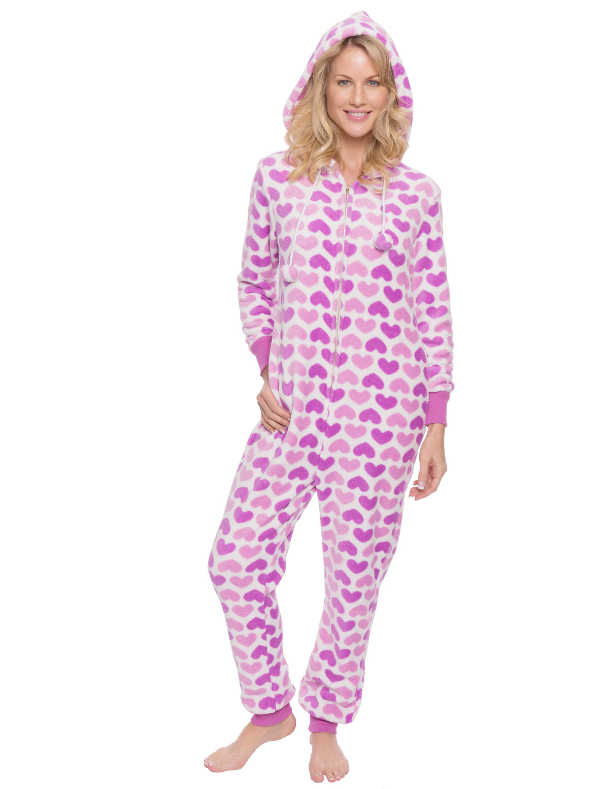 Women's Premium Coral Fleece Plush Hooded Onesie Pajama - Sweethearts - White/Purple