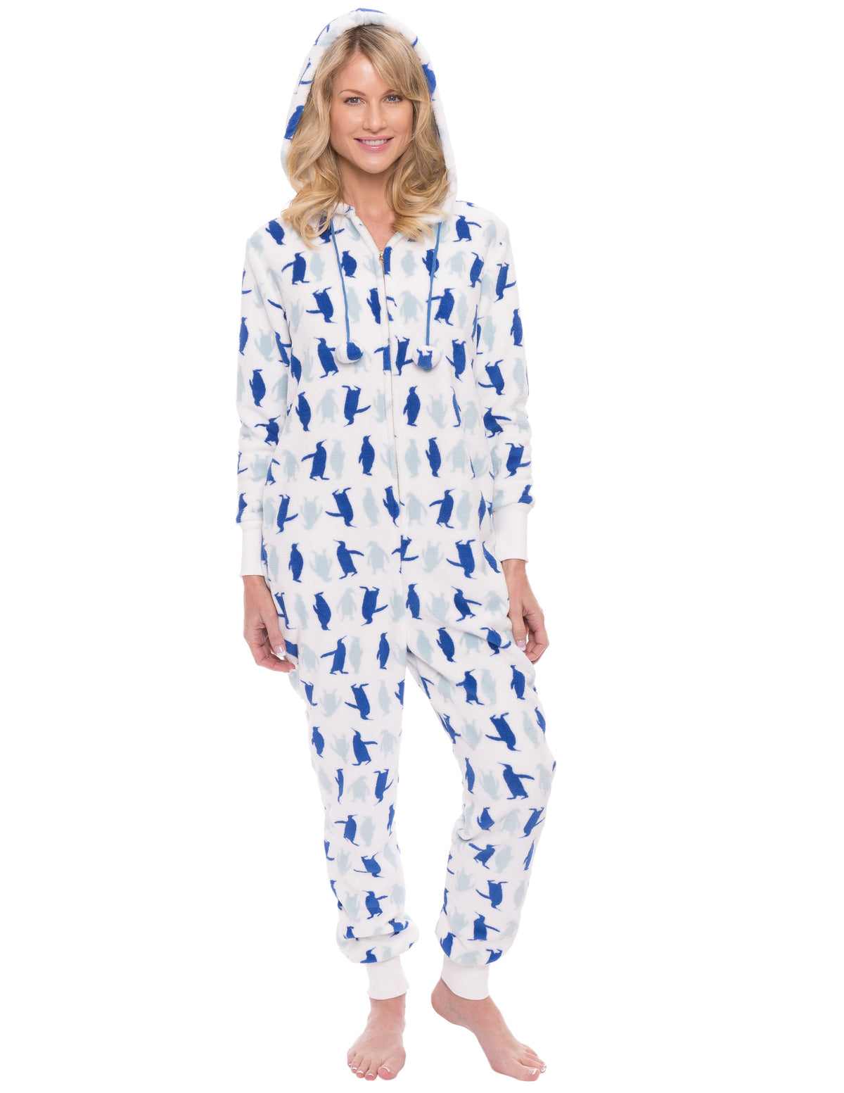 Women's Premium Coral Fleece Plush Hooded Onesie Pajama - Penguin Mania - White/Blue