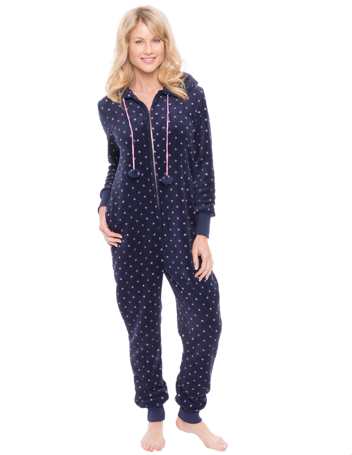 Women's Premium Coral Fleece Plush Hooded Onesie Pajama - Stars - Navy/Pink