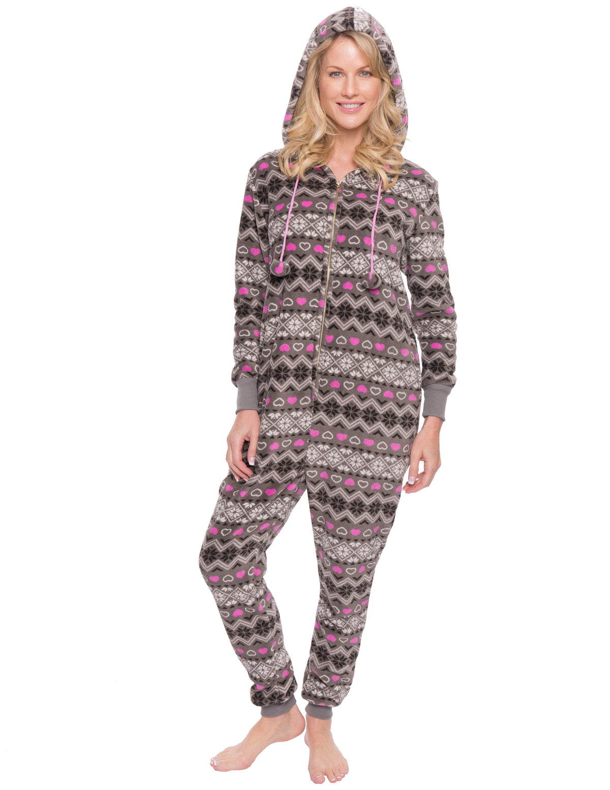 Women's Premium Coral Fleece Plush Hooded Onesie Pajama - Nordic - Charcoal/Pink