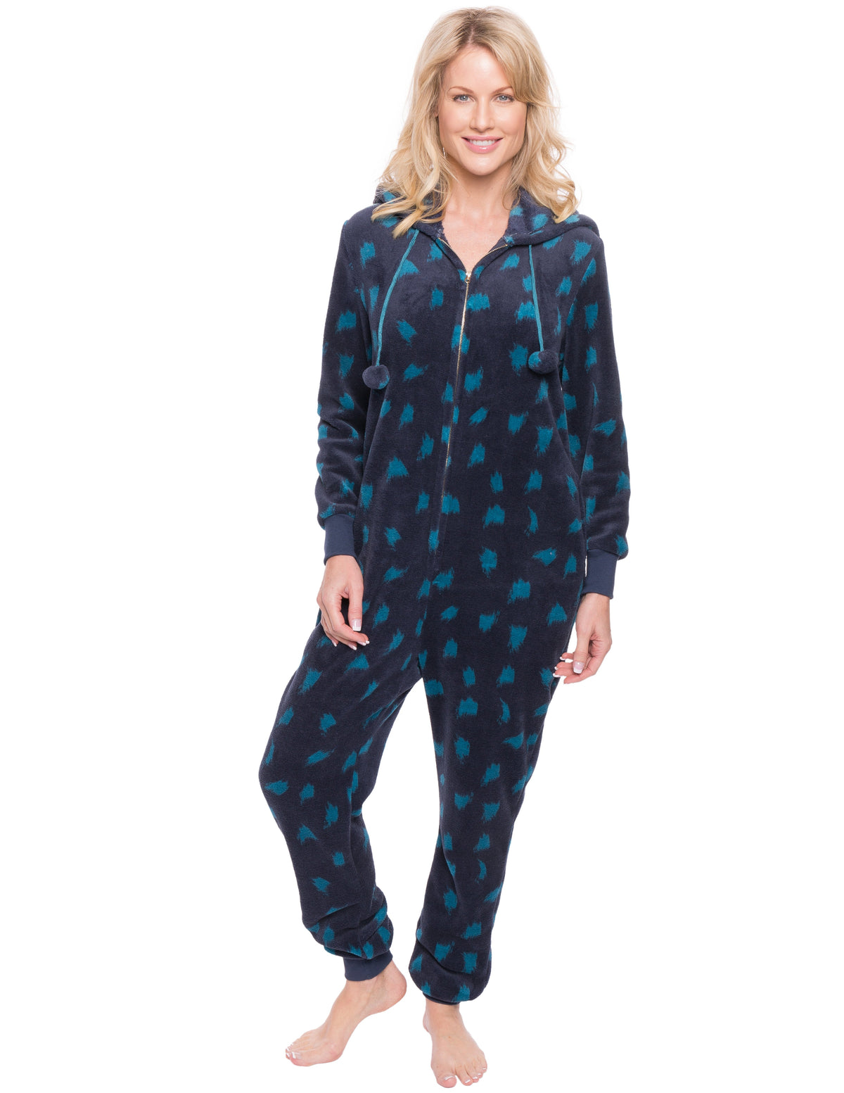 Women's Premium Coral Fleece Plush Hooded Onesie Pajama - Snow Leopard - Navy/Teal