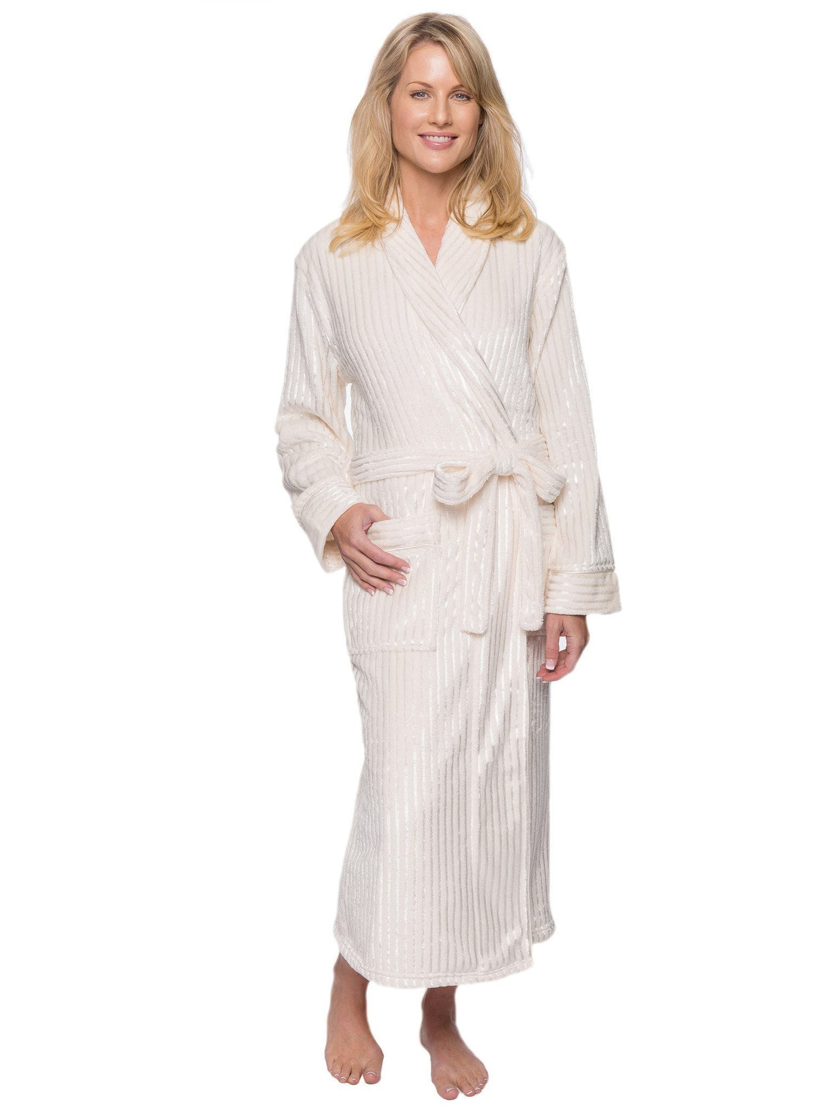 Women's Premium Coral Fleece Plush Spa/Bath Robe - Stripes Cream