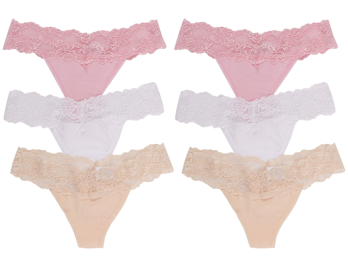 Women's Stretch Cotton Thong Panties with Lace - 6-Pack - Set 1