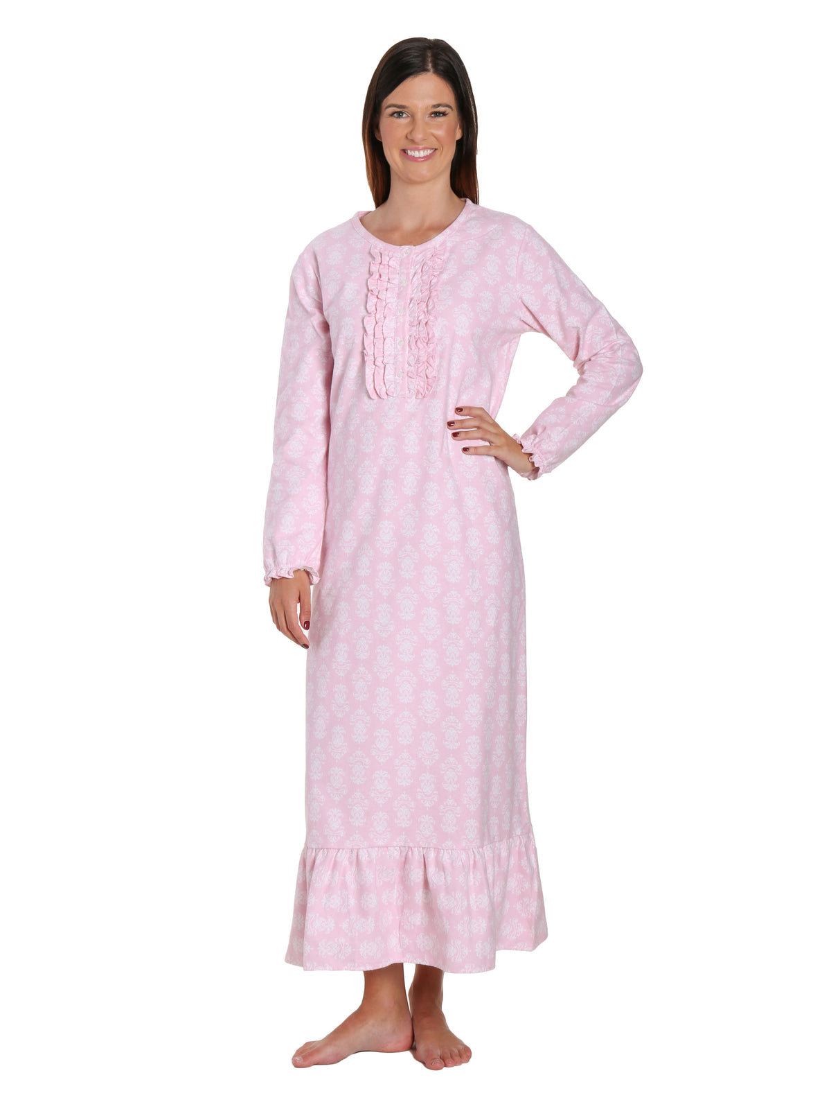 Women's Premium Flannel Long Gown - Brocade Pink-White