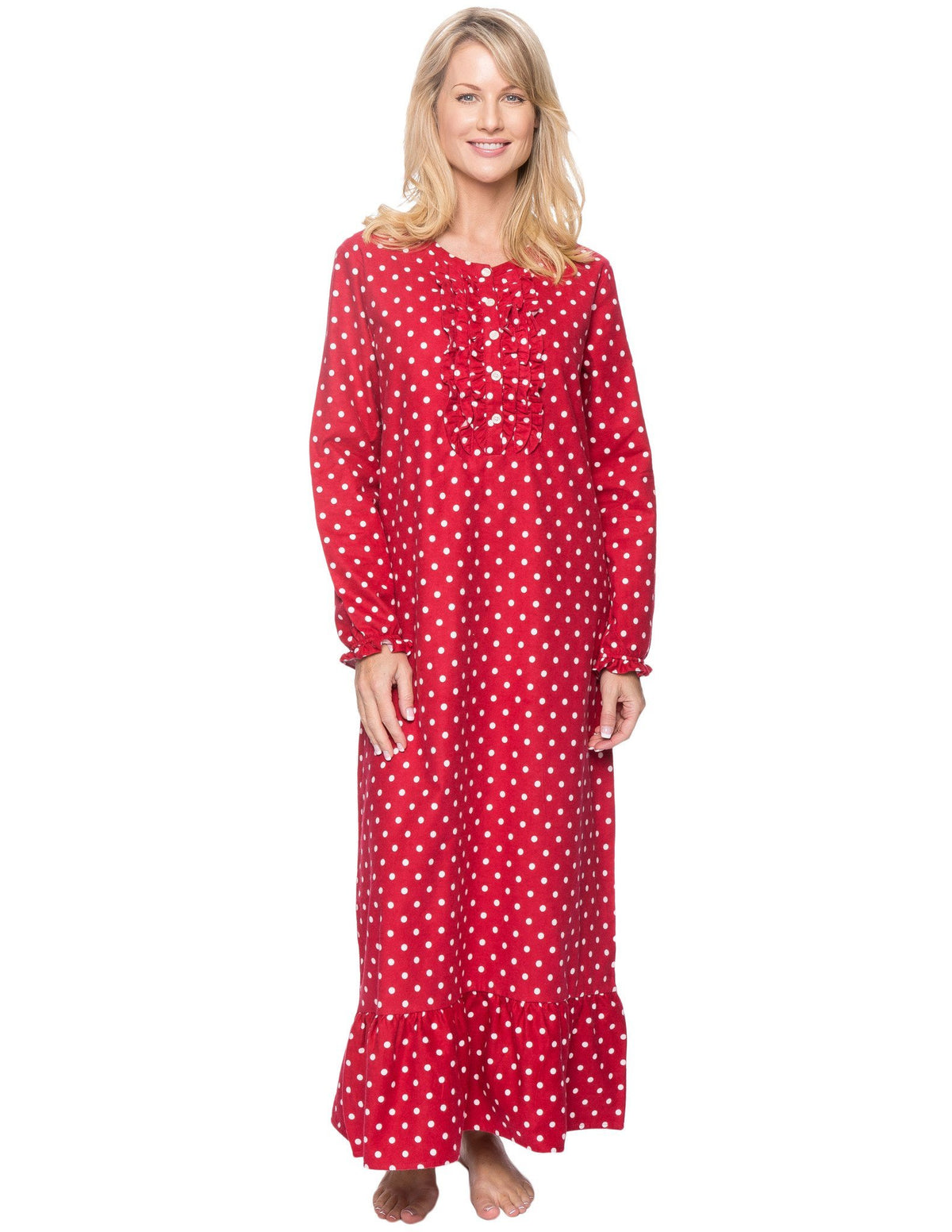 Women's Premium Flannel Long Gown - Dots Diva Red