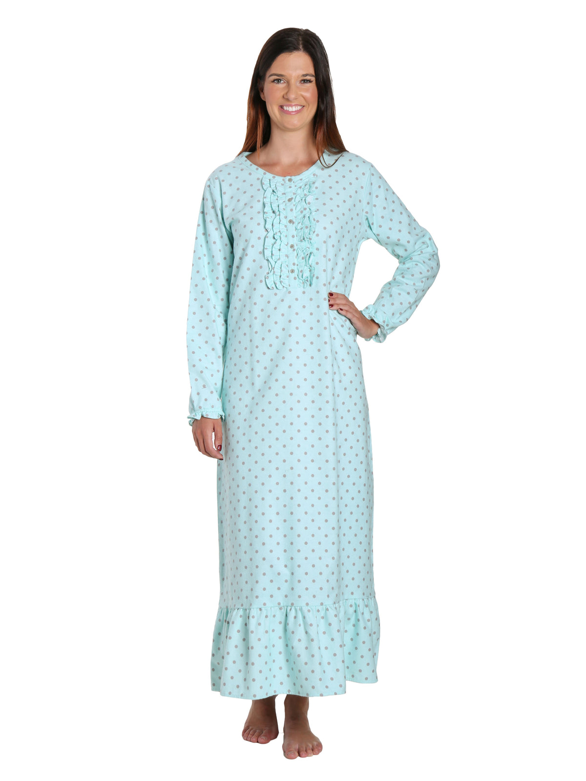 Women's Premium Flannel Long Gown - Dots Diva Aqua-Gray