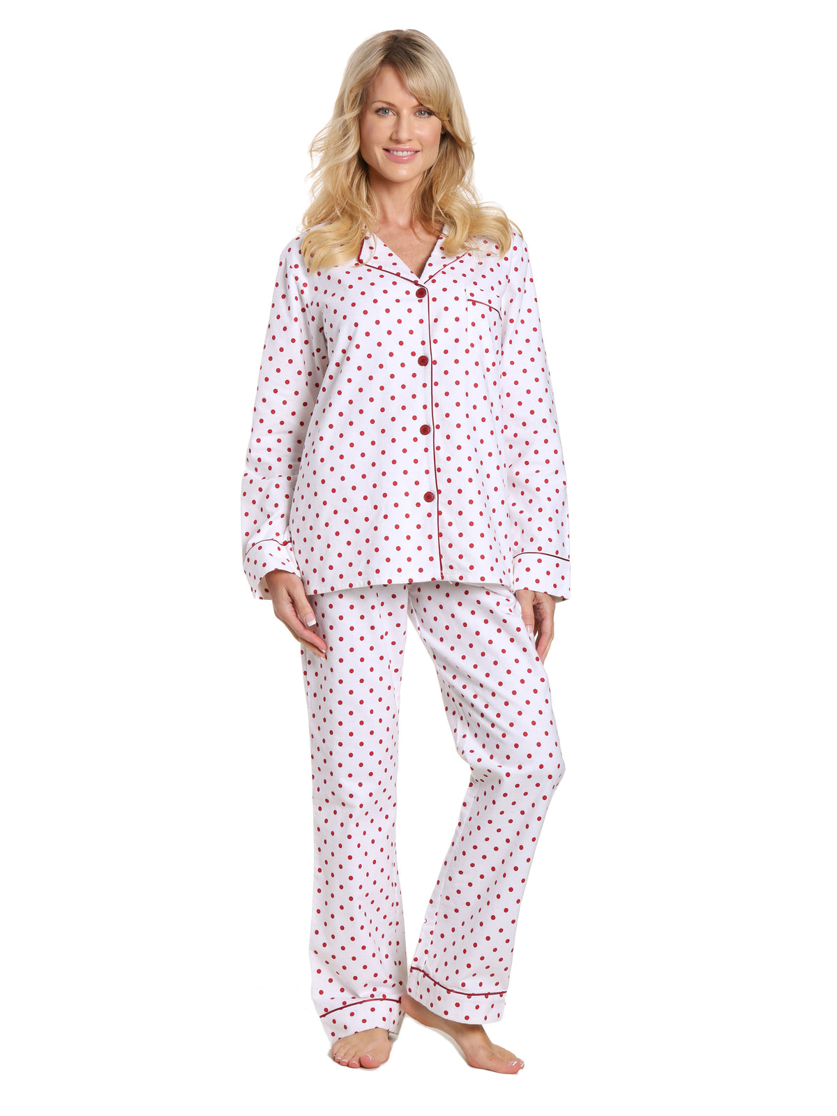 Womens Premium 100% Cotton Flannel Pajama Sleepwear Set - Dots Diva White-Red