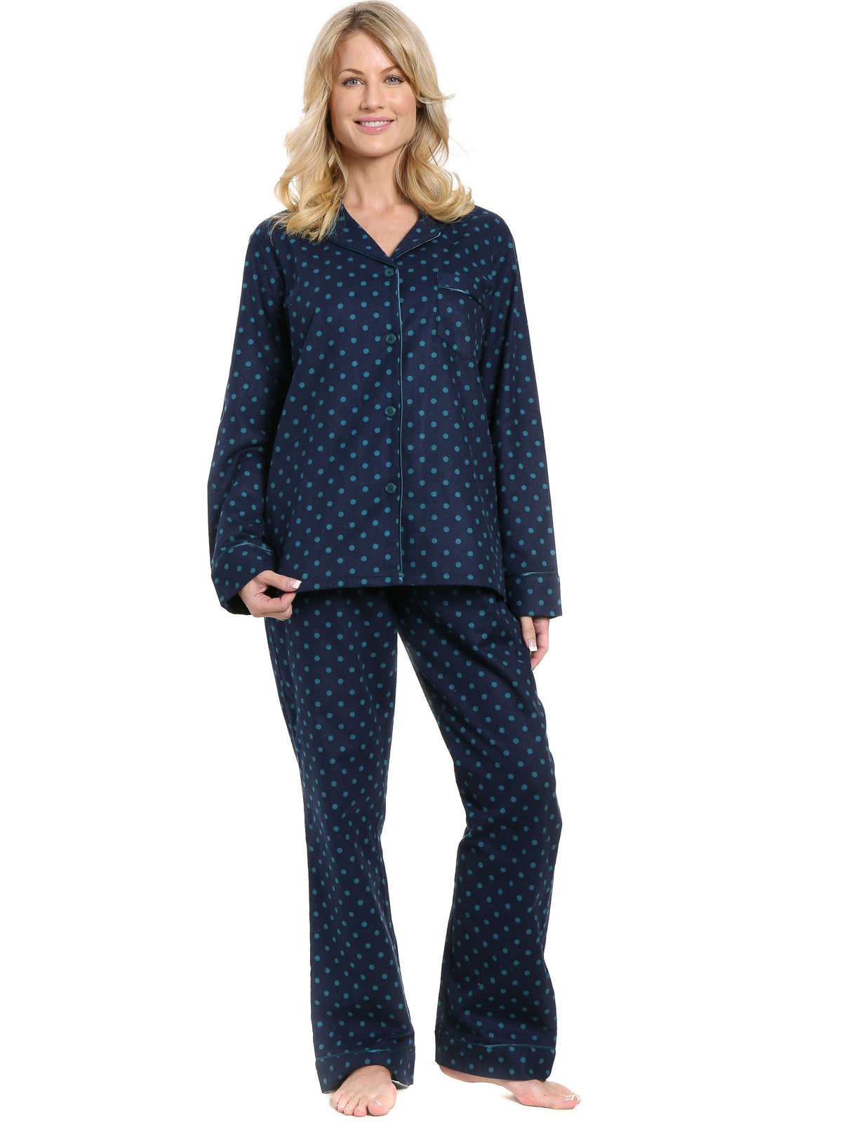 Womens Premium 100% Cotton Flannel Pajama Sleepwear Set - Dots Diva Blue