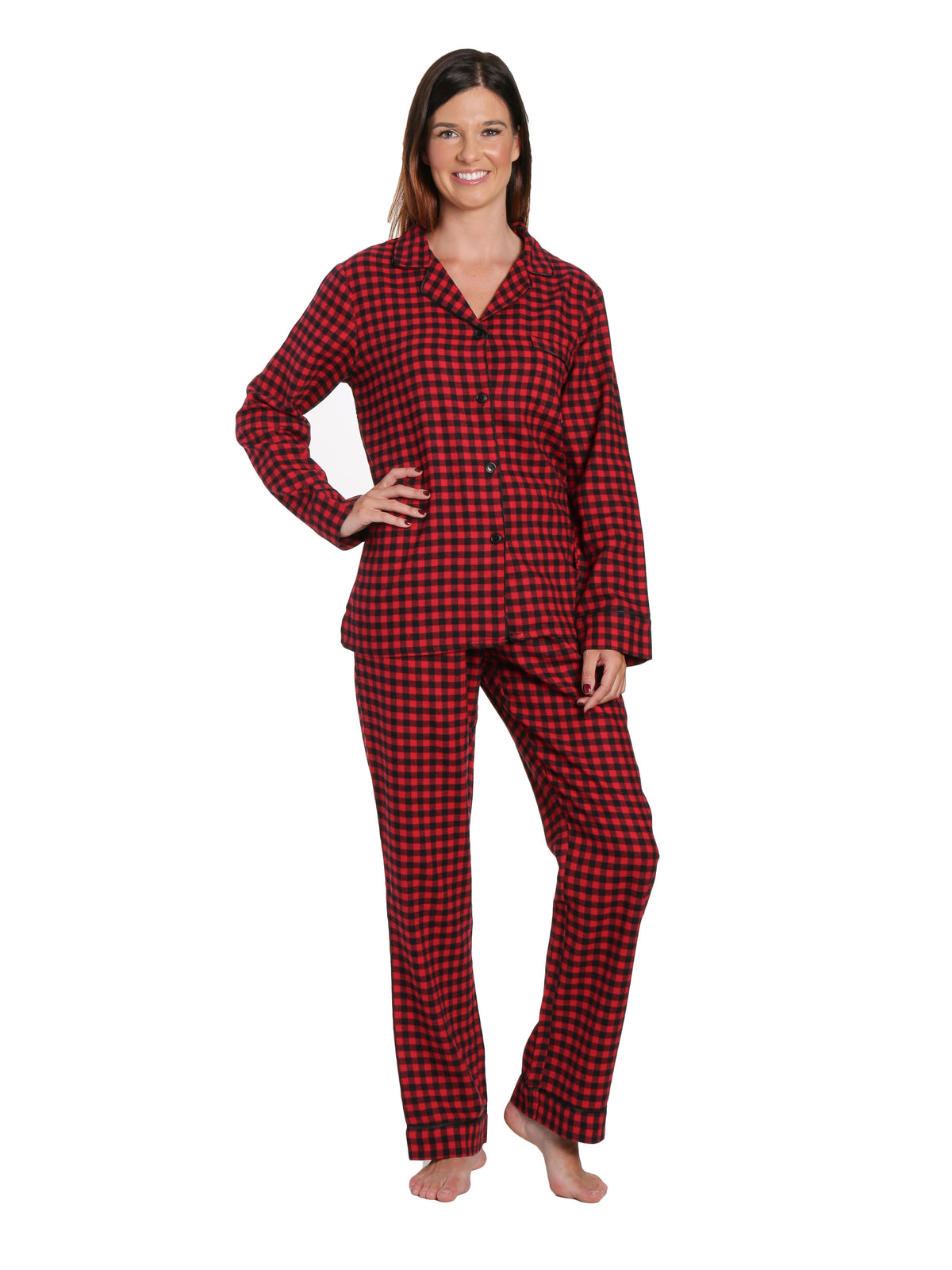 Womens Premium 100% Cotton Yarn Dyed Flannel Pajama Sleepwear Set - Gingham Red-Black