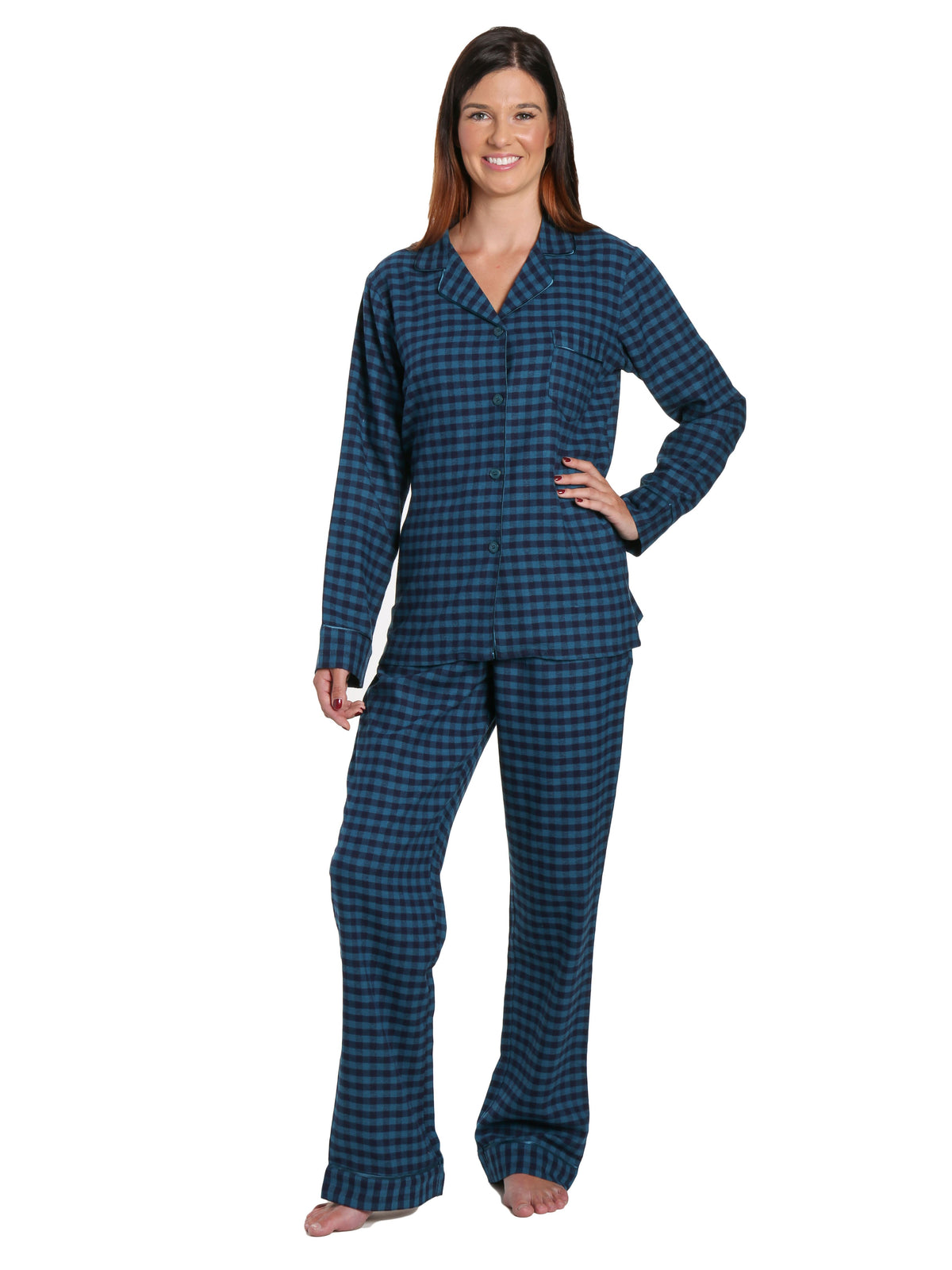 Womens Premium 100% Cotton Yarn Dyed Flannel Pajama Sleepwear Set - Gingham Teal Blue