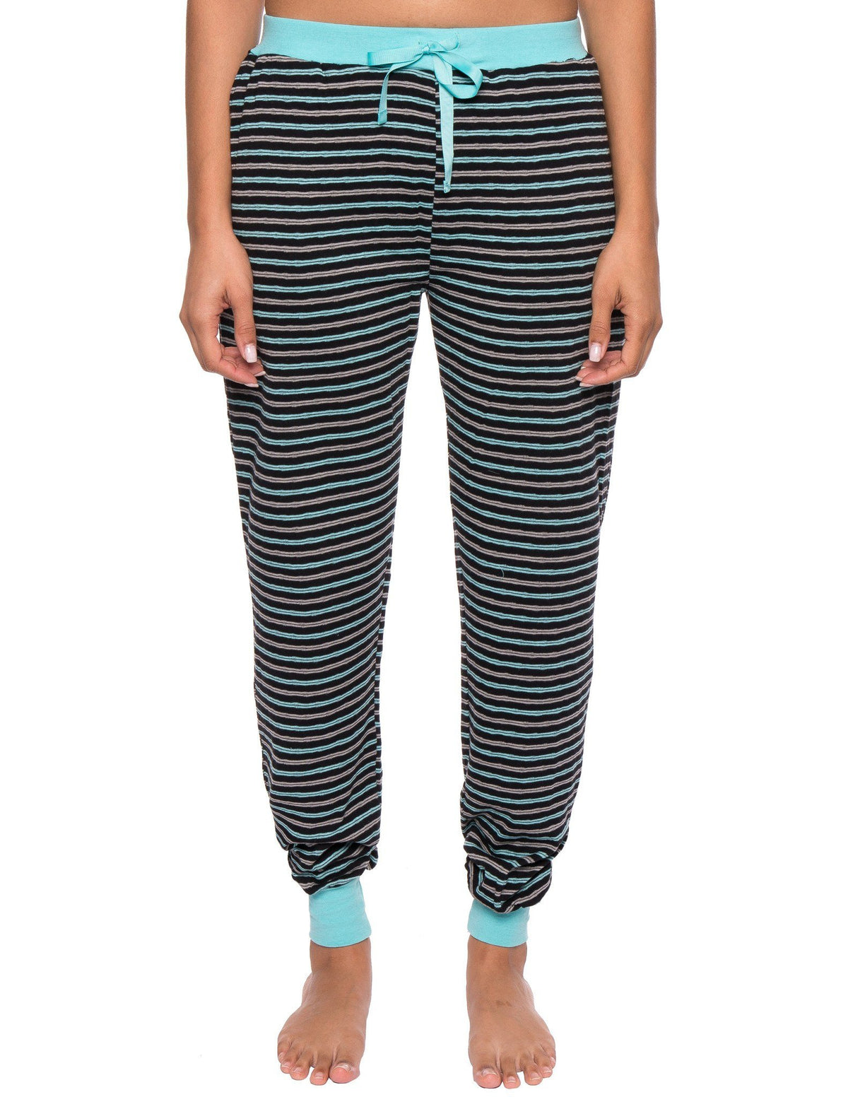 Women's Double Layer Knit Jersey Jogger Lounge Pant - Stripes Black/Aqua